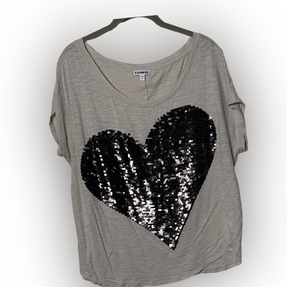 Express Gray Top with Black Sequin Heart Sz Large